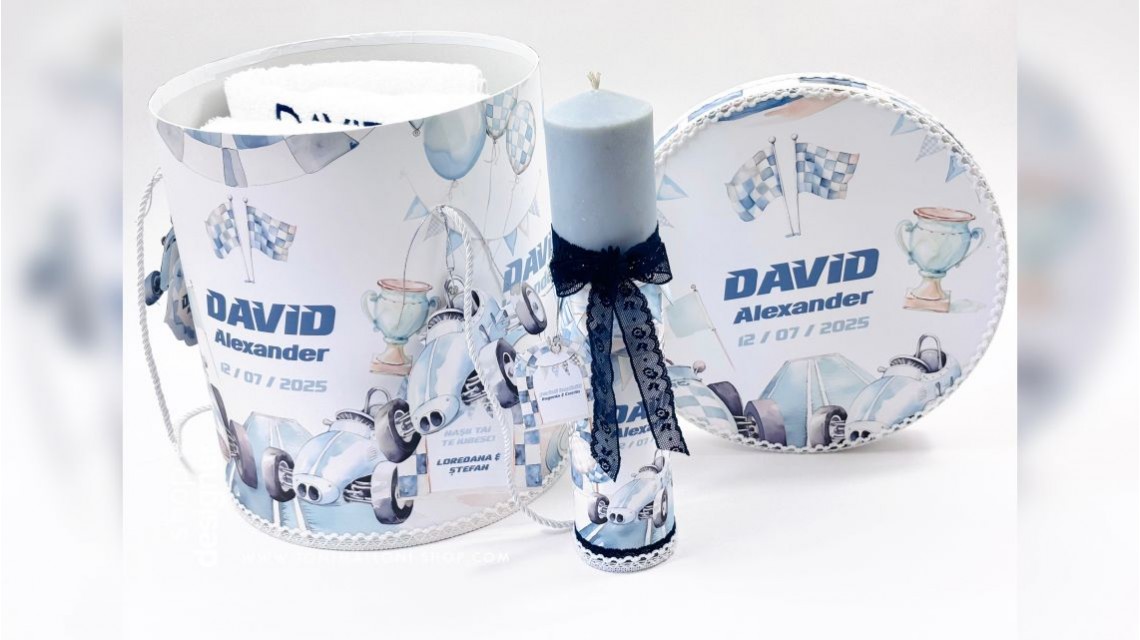 Trusou de botez băiețel – Blue Racing Car | model unicat cu mașinuțe de curse 19